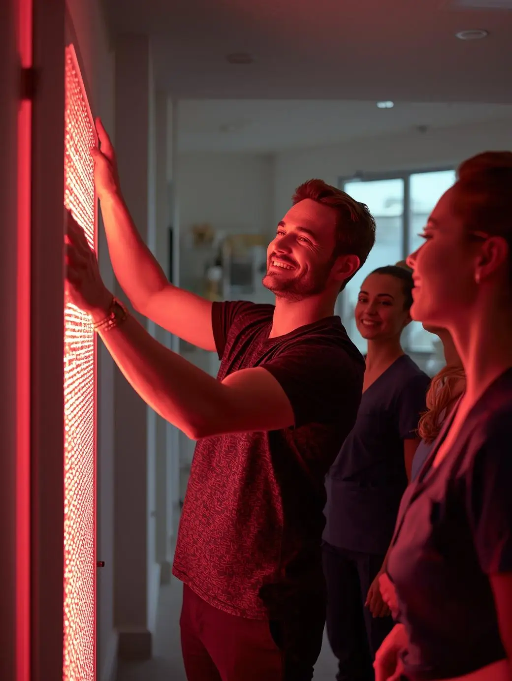 consultant smiling while setting up a glowing red light therapy panel with spa staff watching.